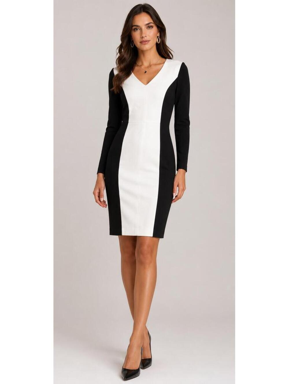 Elements by Vakko Black & White Colorblock Dress Sz 12 Sample Sale Faux Leather
